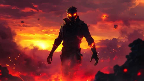 Ember-eyed wanderer strides through a molten twilight storm.