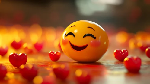Smiling yellow emoji sphere amid glossy red heart shapes.