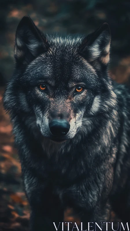 High-contrast frontal wolf portrait with shallow depth of field