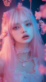 Pastel pink-haired girl in soft blue and cherry blossoms