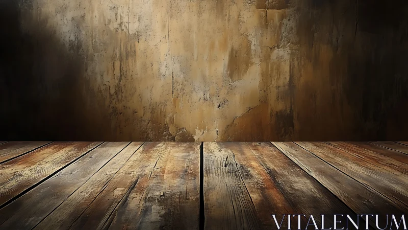 Textured timber platform under distressed plaster backdrop.