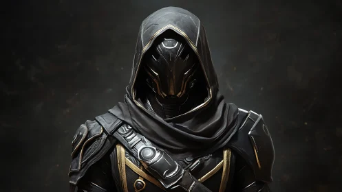 Hooded armored figure in black and gold sci fi combat gear