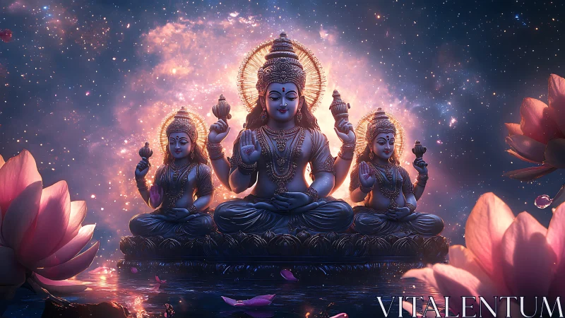 Celestial triple deity sculpture under volumetric nebula backlight