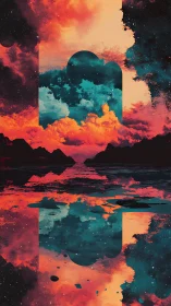 Neon dusk seascape with mirrored cosmic cloud portals.