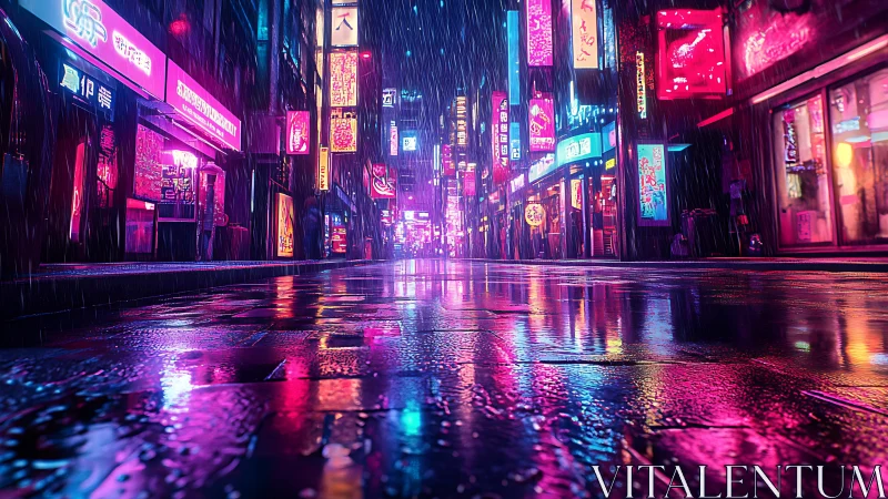 Neon-lit rainy city street scene shows reflective wet pavement