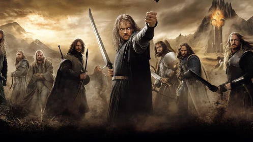 Armored warriors stand in formation on a stormy battlefield