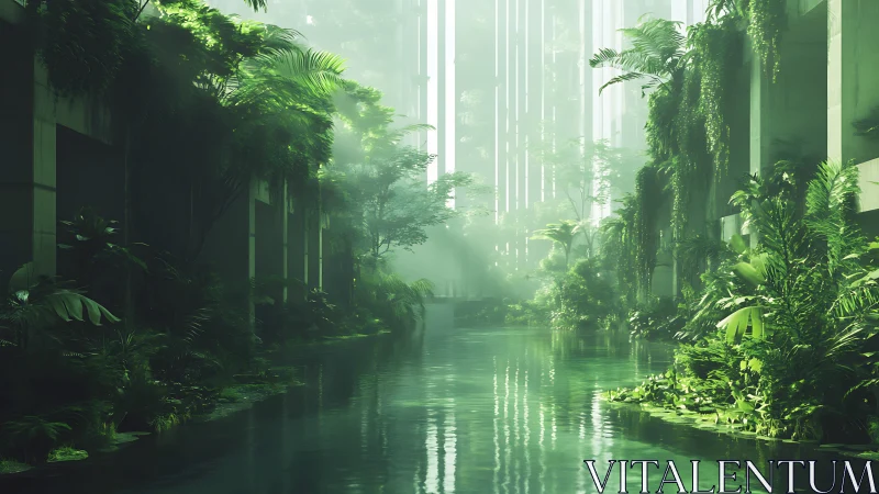 Serene Waterway Through a Lush Green Urban Garden