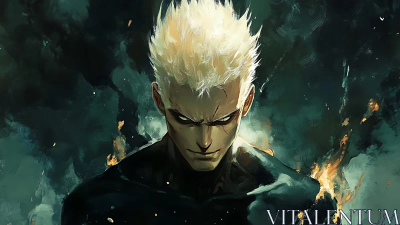 White haired male figure in dark abstract fiery background.