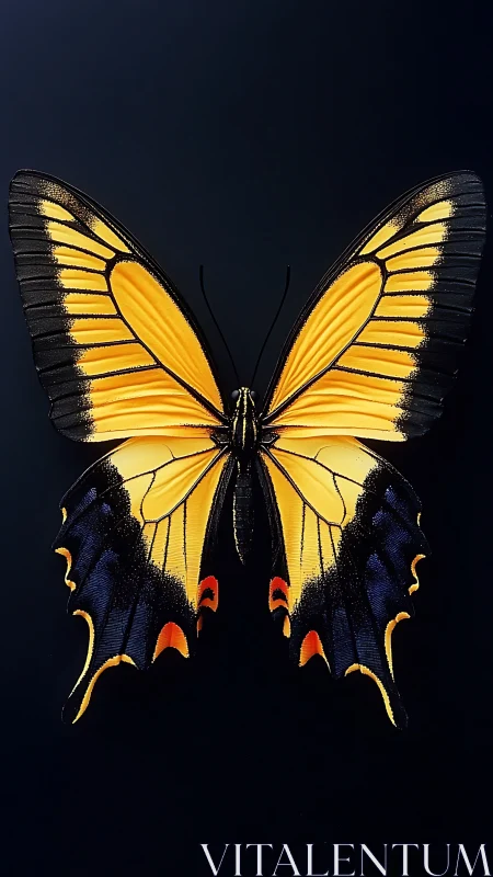 Symmetrical macro study of yellow swallowtail butterfly on black