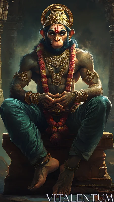 Powerful monkey deity seated in ornate golden regalia.