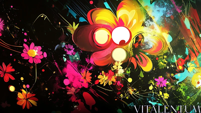 Neon floral abstraction with dynamic splatter strokes on black