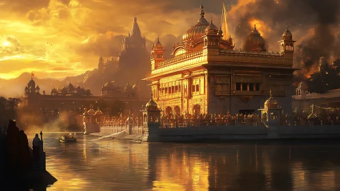 Golden temple-like riverside palace glows in sunset light