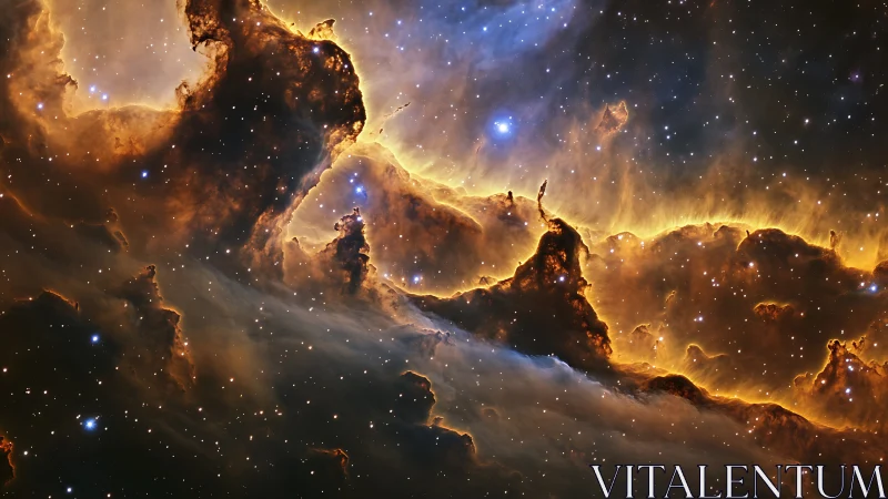 Stellar nebula cliffs glow with radiant cosmic firelight.