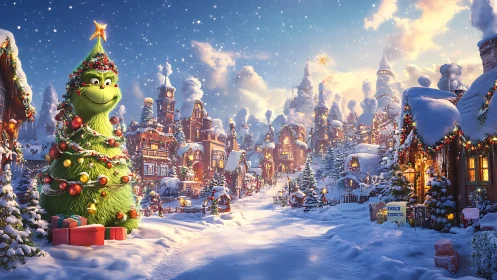 Grinch-like tree decorates whimsical snowy Christmas village.