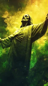 Radiant robed figure in luminous yellow green digital aura.