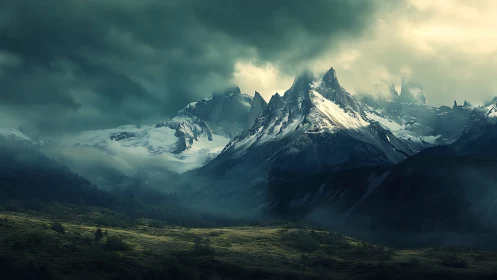 Snow-covered serrated mountain range under dense storm clouds