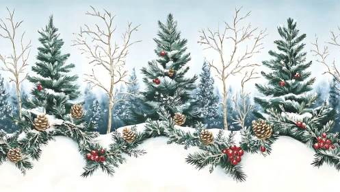 Snow-covered conifer trees with pinecones and red berries.