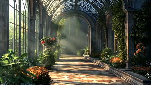 Sunlit glass conservatory corridor with lush greenery.