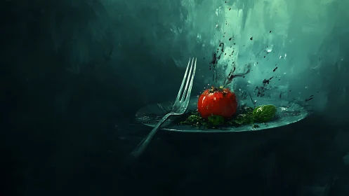 Exploding tomato on glass plate dramatizes dark culinary abstraction