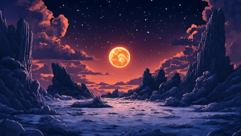 Lunar-illuminated alien basin under stratified stellar sky.