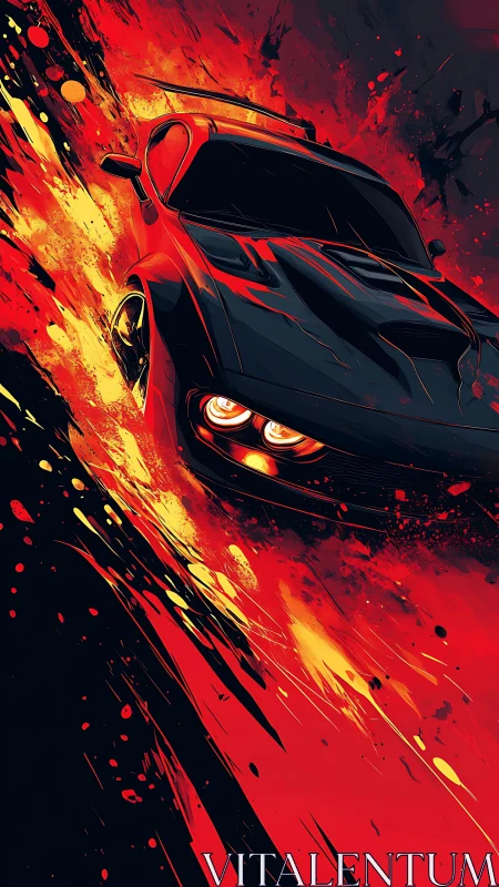 Flaming muscle car streaks through abstract red inferno.