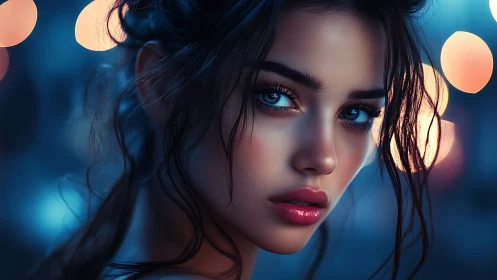 Close-up digital portrait of young woman with blue eyes.
