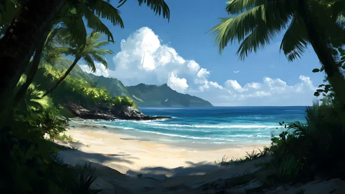 Tropical Paradise Emerges: Golden Sands Embrace Crystalline Waters Below.