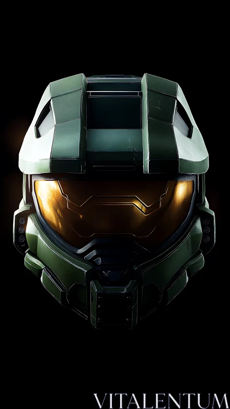 Futuristic green combat helmet glows against deep black.