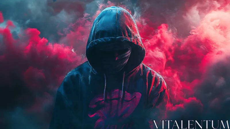Hooded cyber figure emerging through neon smoke clouds.