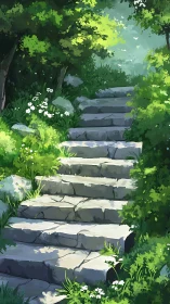 Sunlit Garden Stairway Ascending Through Verdant Foliage and Flowering Plants