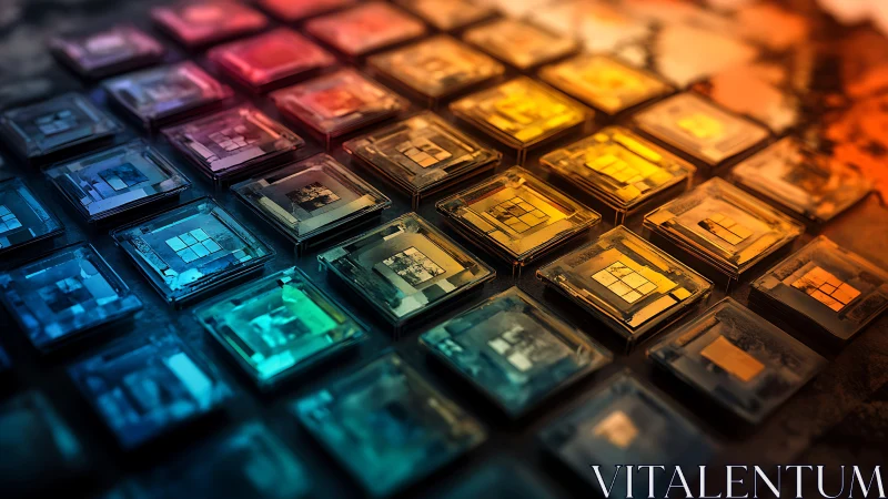 Colorful circuit tiles glowing in a warm digital grid.