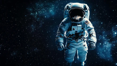 Friendly astronaut floating gently through starry space.