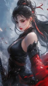 Crimson eyed warrior woman in stormlit fantasy armor.