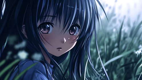 Anime girl with long dark hair in soft grassy field.