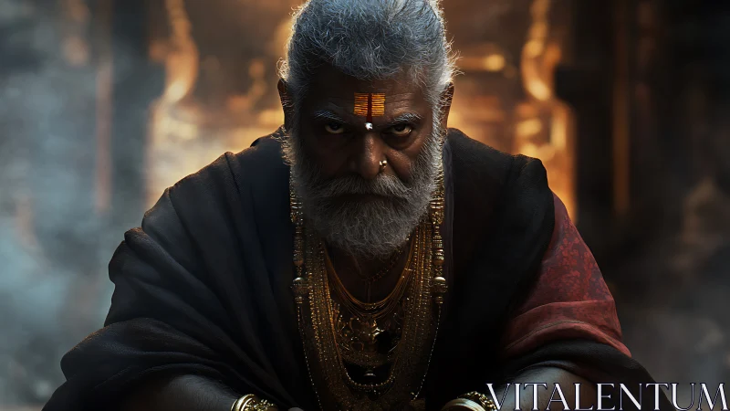 Cinematic close-up of intense elder mystic in temple light.