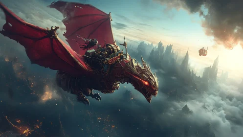 Aerodynamic steampunk dragoncraft over stratified cloud metropolis.