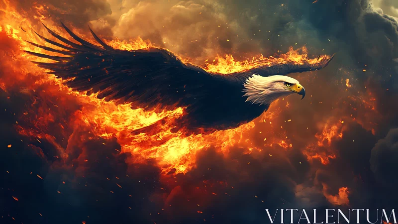 Majestic Bald Eagle Soaring Through Fiery Skies in Dramatic Art.