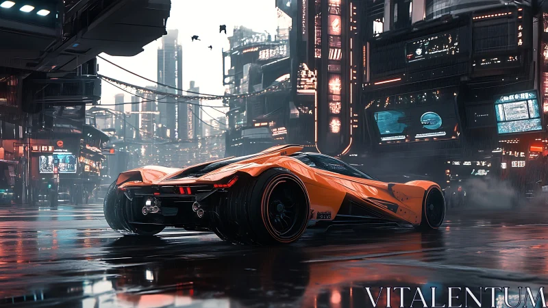 Futuristic orange hypercar prowls a neon-soaked cyberpunk city street