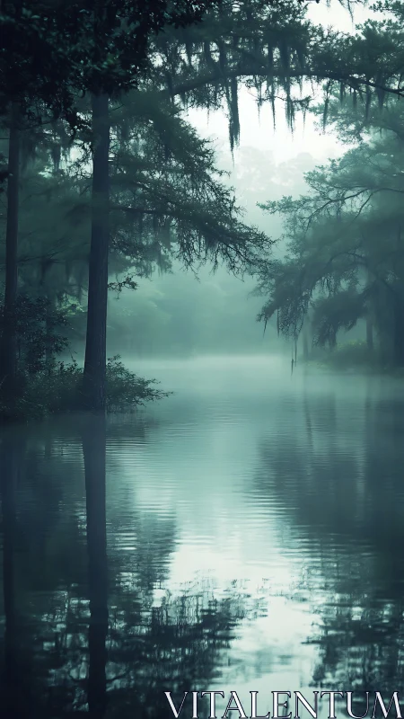 Misty forested river scene shows vertical reflection symmetry