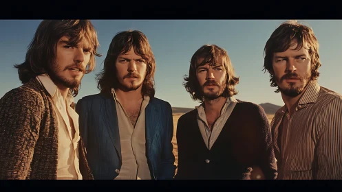 Four similar men stand outdoors under clear sky at sunset