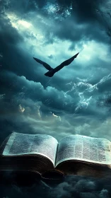 Open book beneath storm clouds with dark bird silhouette.