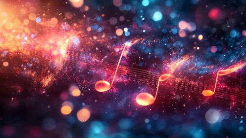 Luminous musical notes flow through cosmic color nebula