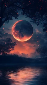 Red lunar body over riverbank at dusk in digital scene.