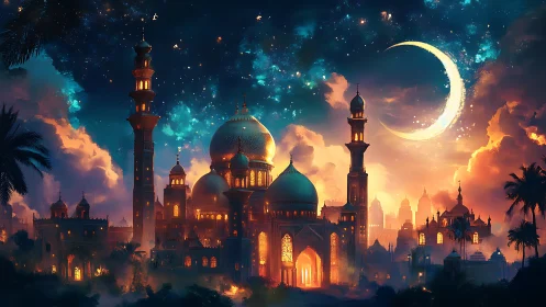 Luminous domed palace beneath crescent moonlit sky.