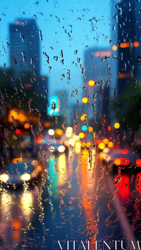 Raindrops on glass obscure defocused urban street lights