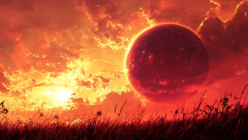 Burning alien planet over crimson sunset grassland sky.