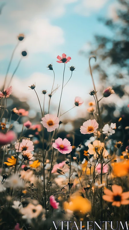 Cosmos Blossoms Dancing Against Summer Sky.