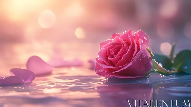 Pink Rose with Water Droplets on Reflective Surface