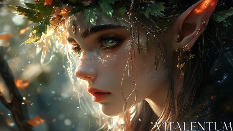 Side profile depicts an elf-like figure with foliage adornment