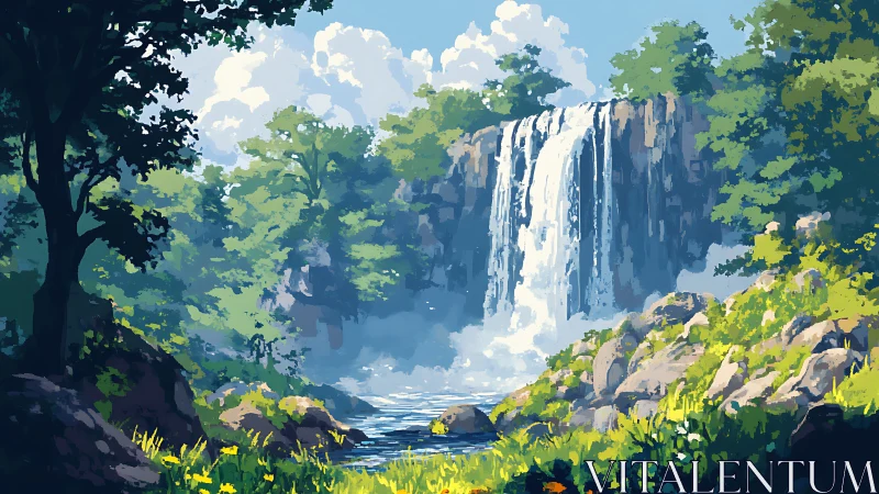 Cascading Waterfall: Digital Landscape Painting.